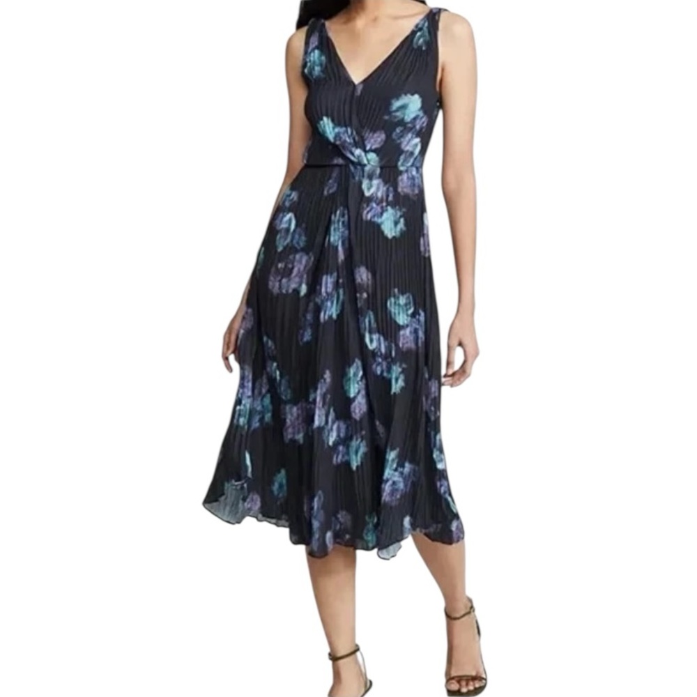 Vince Black Floral Pleated Silk Midi Dress Size 4 Twist Waist - Picture 1 of 14